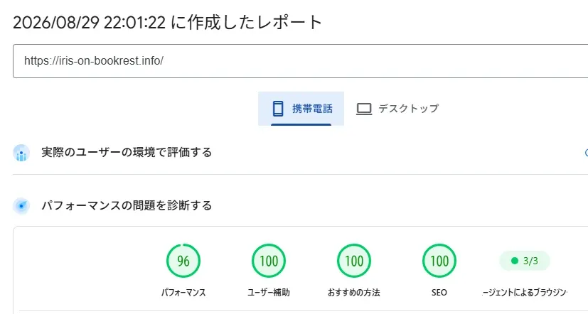 スマホ。ページスピードインサイトで使われている端末と回線がロースペックなので、スコアが出づらい。