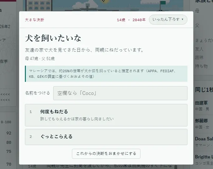 ゲームのポップアップに犬を飼うかどうかの決断と選択肢が表示