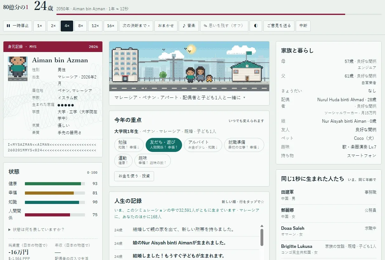 人生シミュレーションゲーム「80億分の1」で、プレイヤーのプロフィール、ステータス、家族、人生の記録が一覧表示された画面。